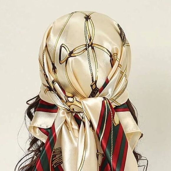 Chain Scarf Vintage Style Satin Cream Scarf Bandana - Picture 8 of 10